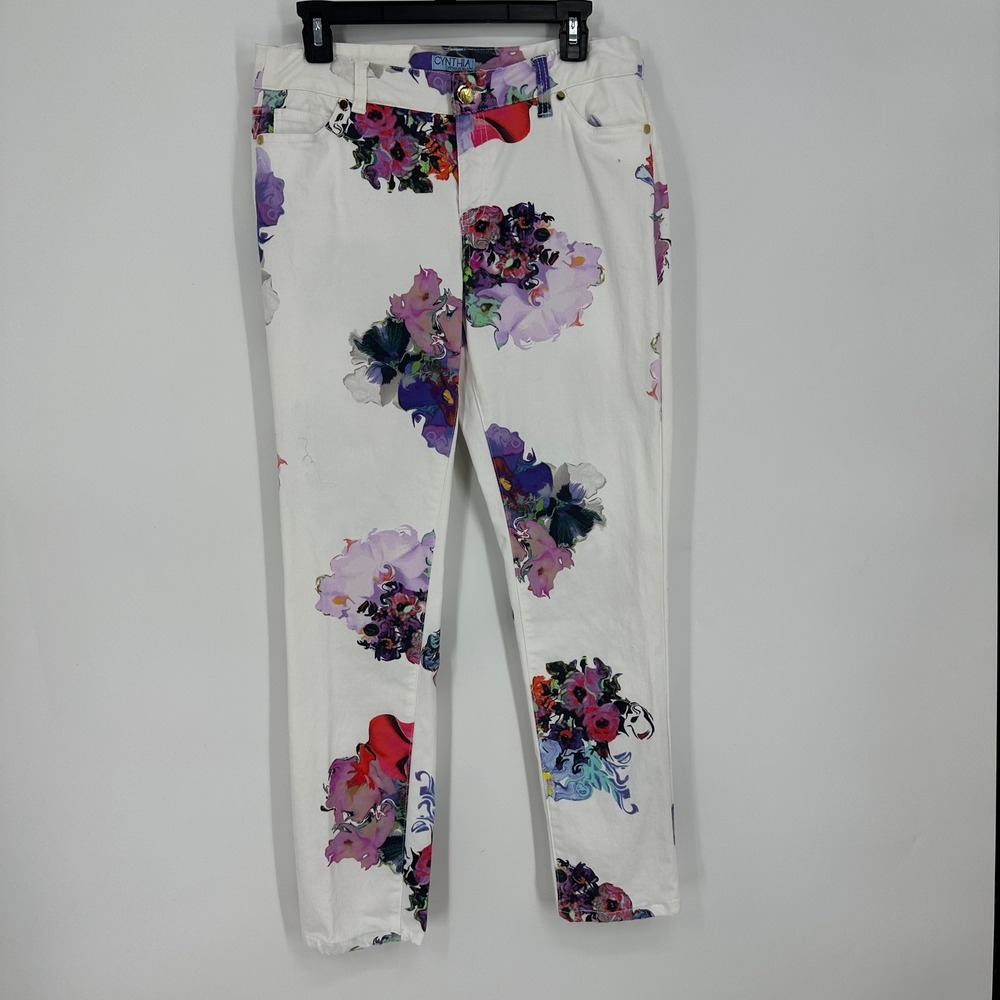 Cynthia Rowley Floral Print Jeans Women's Size 8 White Denim Abstract Watercolor
